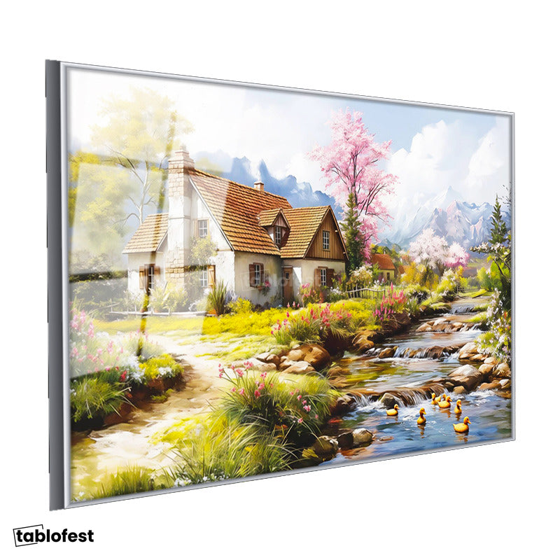 Gümüş Renk Metal Çerçeveli Tamperli Cam Tablo Çiçekli Bahar Evi ve Dere Manzara Ve Doğa Tablosu Duvar Dekoru