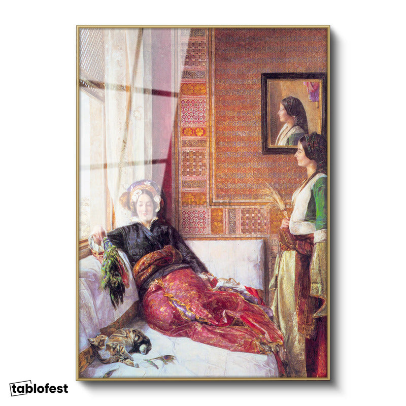 Altın Renk Metal Çerçeveli Tamperli Cam Tablo Harem Odasında Dinlenen Sultanlar Osmanlı Tablosu Duvar Dekoru