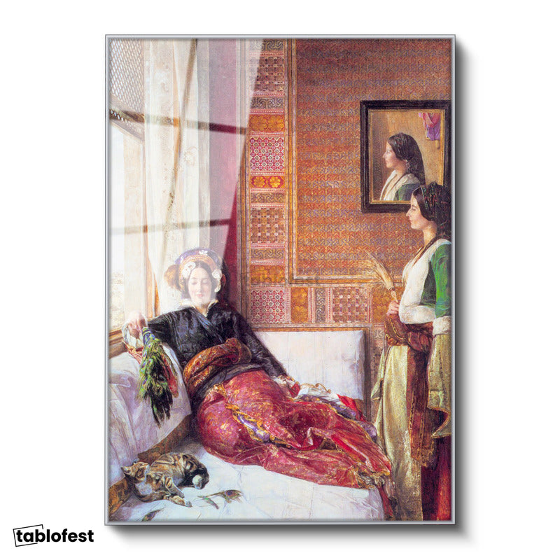 Gümüş Renk Metal Çerçeveli Tamperli Cam Tablo Harem Odasında Dinlenen Sultanlar Osmanlı Tablosu Duvar Dekoru