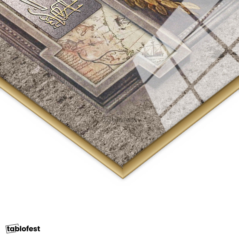 Altın Renk Metal Çerçeveli Tamperli Cam Tablo Yıldırım Bayezid Han Padişah Portresi Osmanlı Tablosu Duvar Dekoru