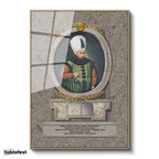 Altın Renk Metal Çerçeveli Tamperli Cam Tablo Sultan İbrahim Han Padişah Portresi Osmanlı Tablosu Duvar Dekoru
