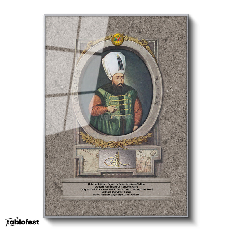 Gümüş Renk Metal Çerçeveli Tamperli Cam Tablo Sultan İbrahim Han Padişah Portresi Osmanlı Tablosu Duvar Dekoru