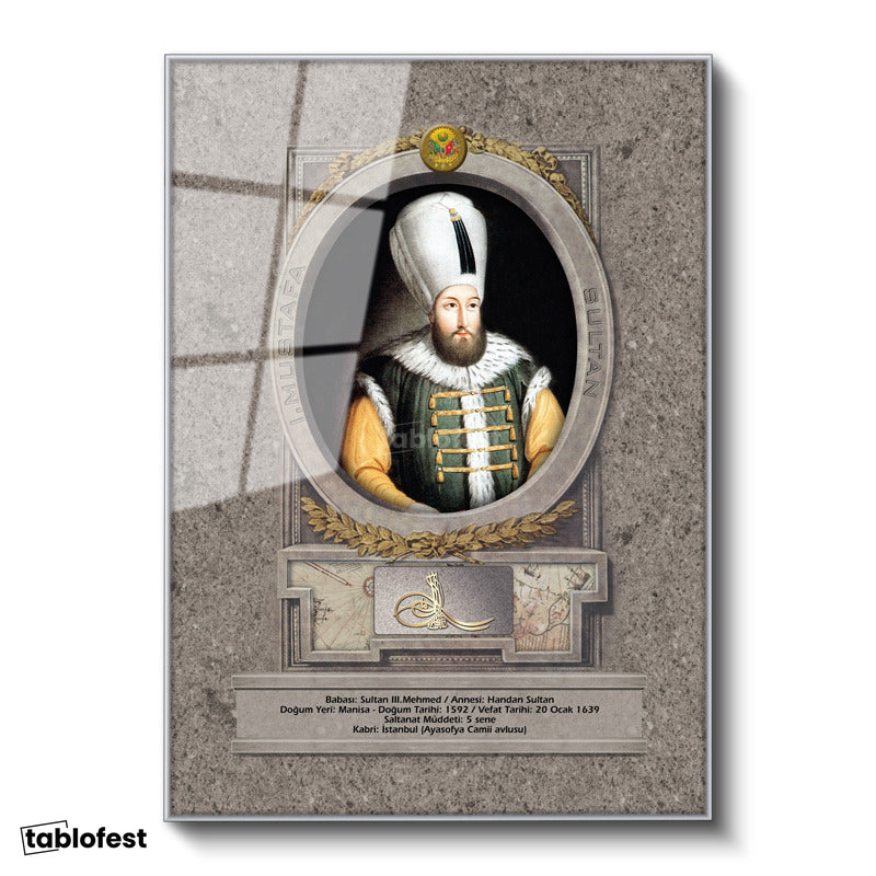 Gümüş Renk Metal Çerçeveli Tamperli Cam Tablo Sultan Birinci Mustafa Han Portresi Osmanlı Tablosu Duvar Dekoru