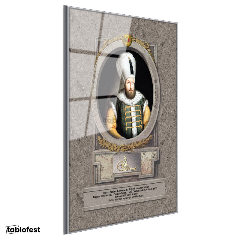 Gümüş Renk Metal Çerçeveli Tamperli Cam Tablo Sultan Birinci Mustafa Han Portresi Osmanlı Tablosu Duvar Dekoru
