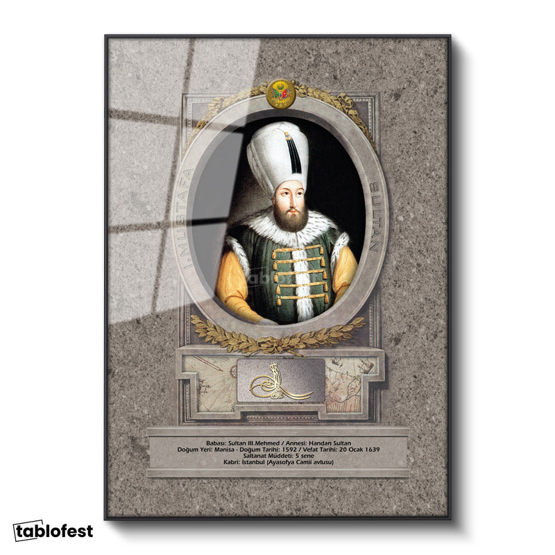 Siyah Renk Metal Çerçeveli Tamperli Cam Tablo Sultan Birinci Mustafa Han Portresi Osmanlı Tablosu Duvar Dekoru
