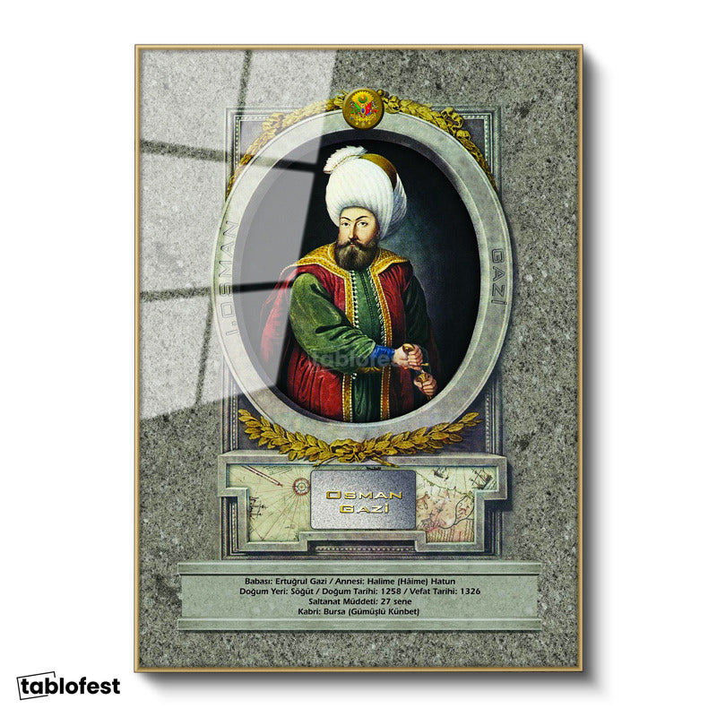 Altın Renk Metal Çerçeveli Tamperli Cam Tablo Osman Gazi Han Padişah Portresi Osmanlı Tablosu Duvar Dekoru
