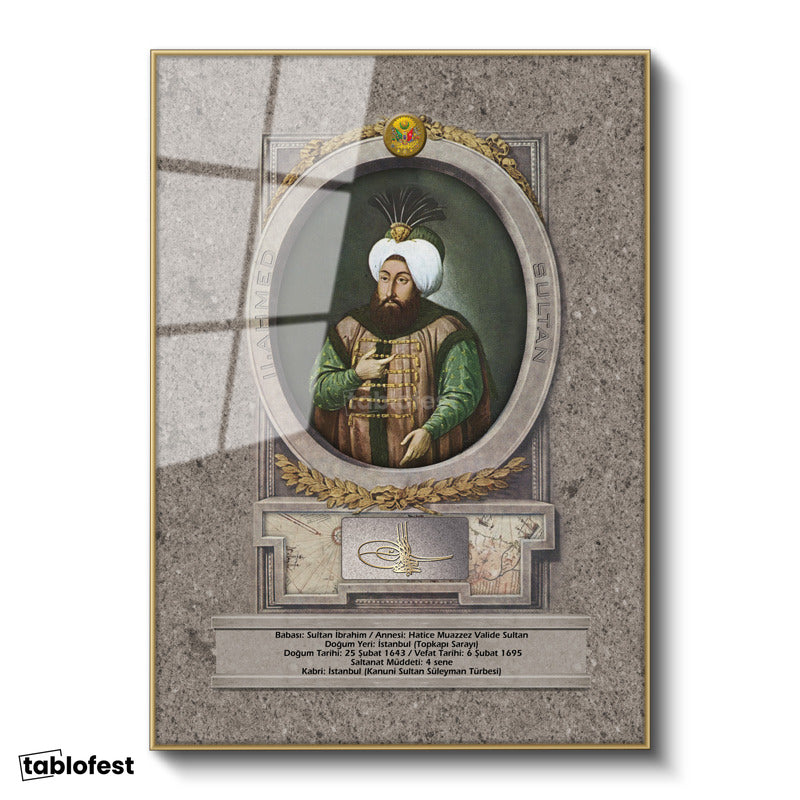 Altın Renk Metal Çerçeveli Tamperli Cam Tablo İkinci Ahmed Han Padişah Portresi Osmanlı Tablosu Duvar Dekoru