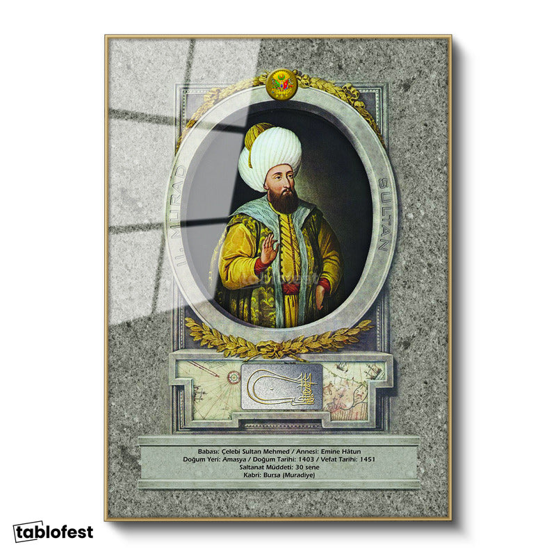 Altın Renk Metal Çerçeveli Tamperli Cam Tablo İkinci Murad Han Padişah Portresi Osmanlı Tablosu Duvar Dekoru