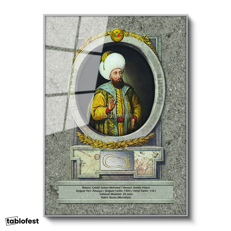 Gümüş Renk Metal Çerçeveli Tamperli Cam Tablo İkinci Murad Han Padişah Portresi Osmanlı Tablosu Duvar Dekoru