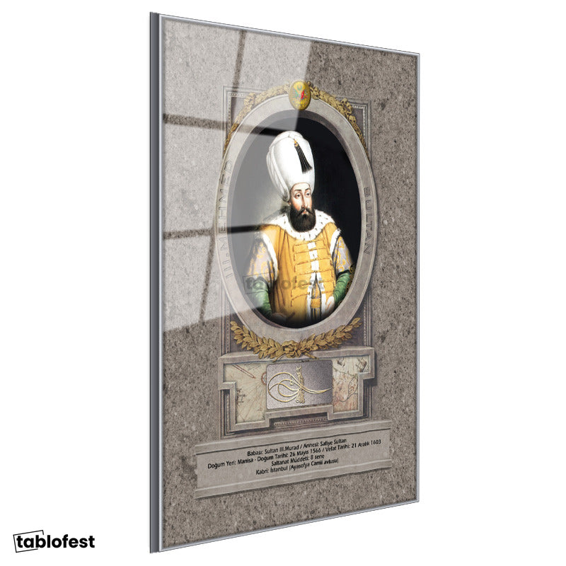 Gümüş Renk Metal Çerçeveli Tamperli Cam Tablo Üçüncü Mehmed Han Padişah Portresi Osmanlı Tablosu Duvar Dekoru
