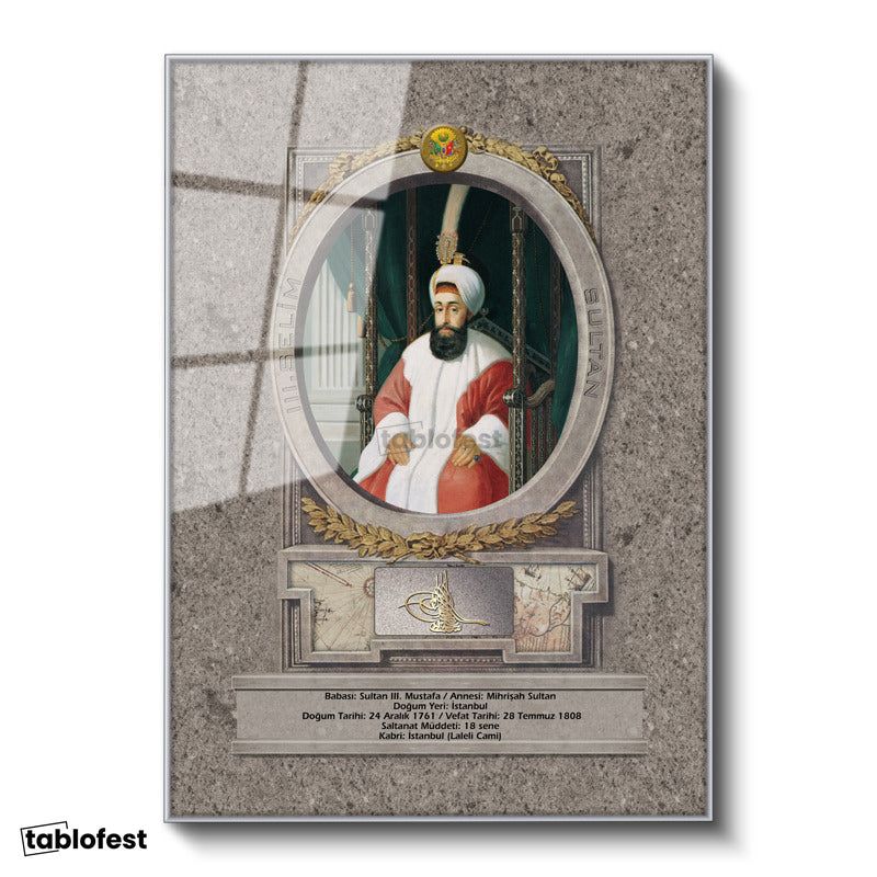 Gümüş Renk Metal Çerçeveli Tamperli Cam Tablo Sultan III Selim Portresi Osmanlı Tablosu Duvar Dekoru