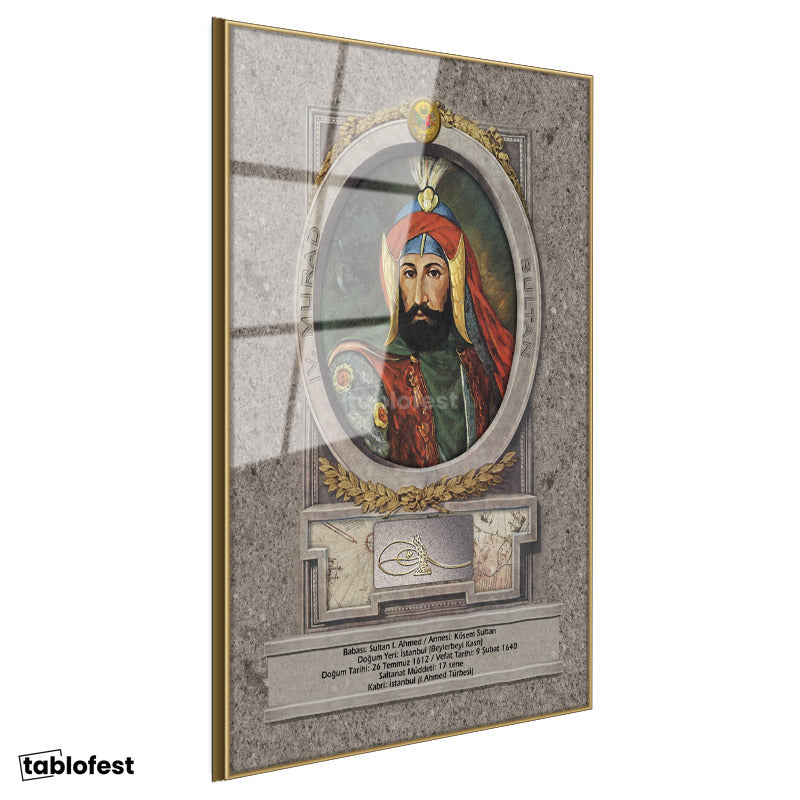 Altın Renk Metal Çerçeveli Tamperli Cam Tablo Sultan I Ahmed Portresi Osmanlı Tablosu Duvar Dekoru