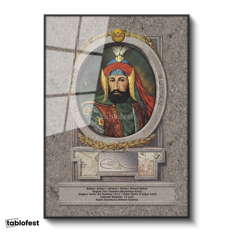 Siyah Renk Metal Çerçeveli Tamperli Cam Tablo Sultan I Ahmed Portresi Osmanlı Tablosu Duvar Dekoru