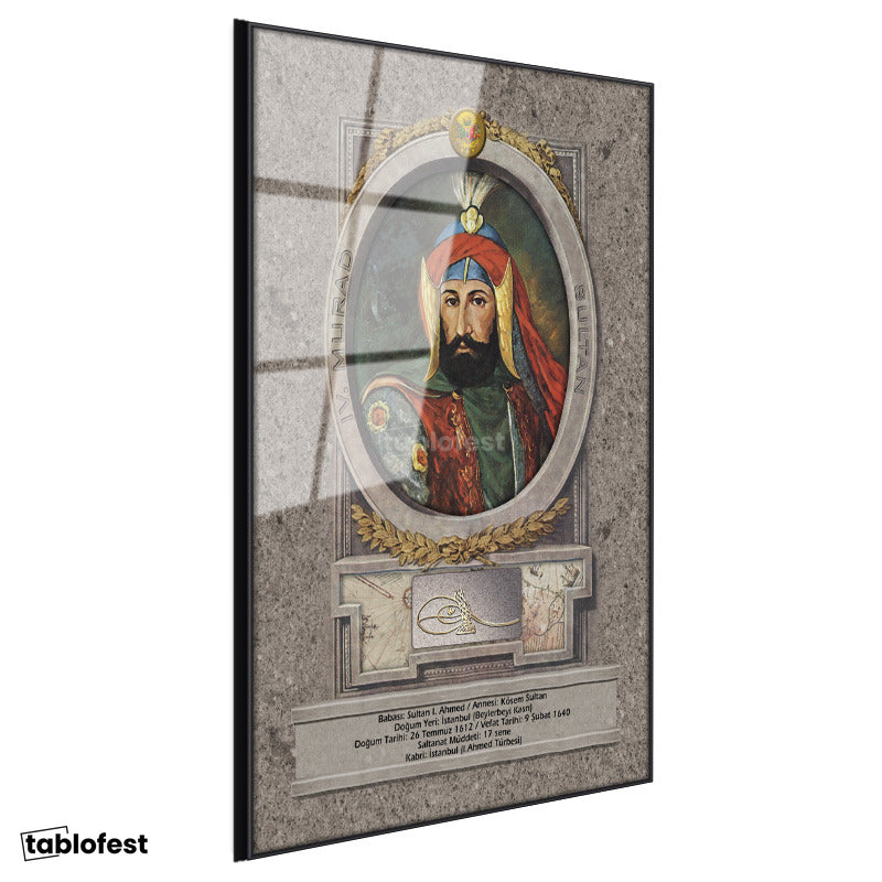 Siyah Renk Metal Çerçeveli Tamperli Cam Tablo Sultan I Ahmed Portresi Osmanlı Tablosu Duvar Dekoru