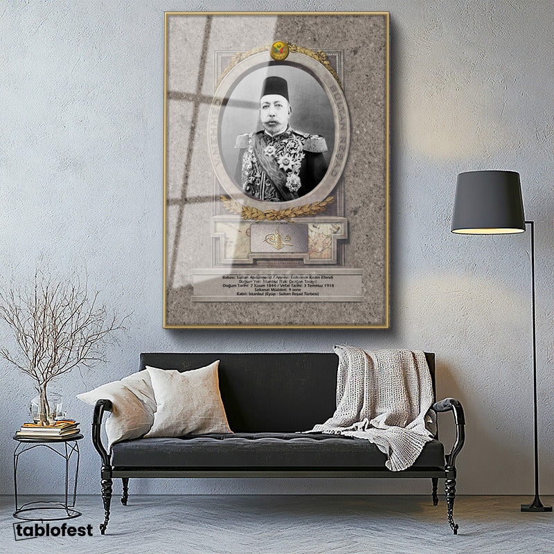 Altın Renk Metal Çerçeveli Tamperli Cam Tablo Sultan Mehmed Reşad Portresi Osmanlı Tablosu Duvar Dekoru