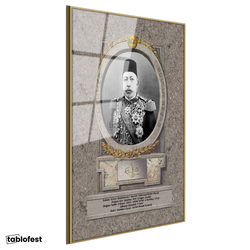 Altın Renk Metal Çerçeveli Tamperli Cam Tablo Sultan Mehmed Reşad Portresi Osmanlı Tablosu Duvar Dekoru