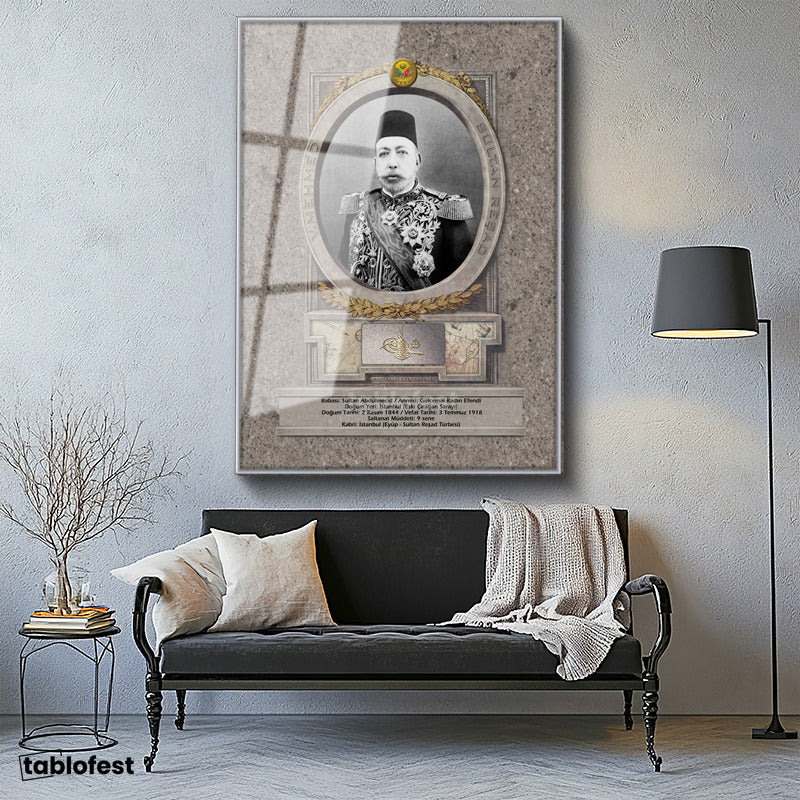 Gümüş Renk Metal Çerçeveli Tamperli Cam Tablo Sultan Mehmed Reşad Portresi Osmanlı Tablosu Duvar Dekoru