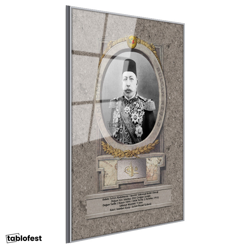 Gümüş Renk Metal Çerçeveli Tamperli Cam Tablo Sultan Mehmed Reşad Portresi Osmanlı Tablosu Duvar Dekoru
