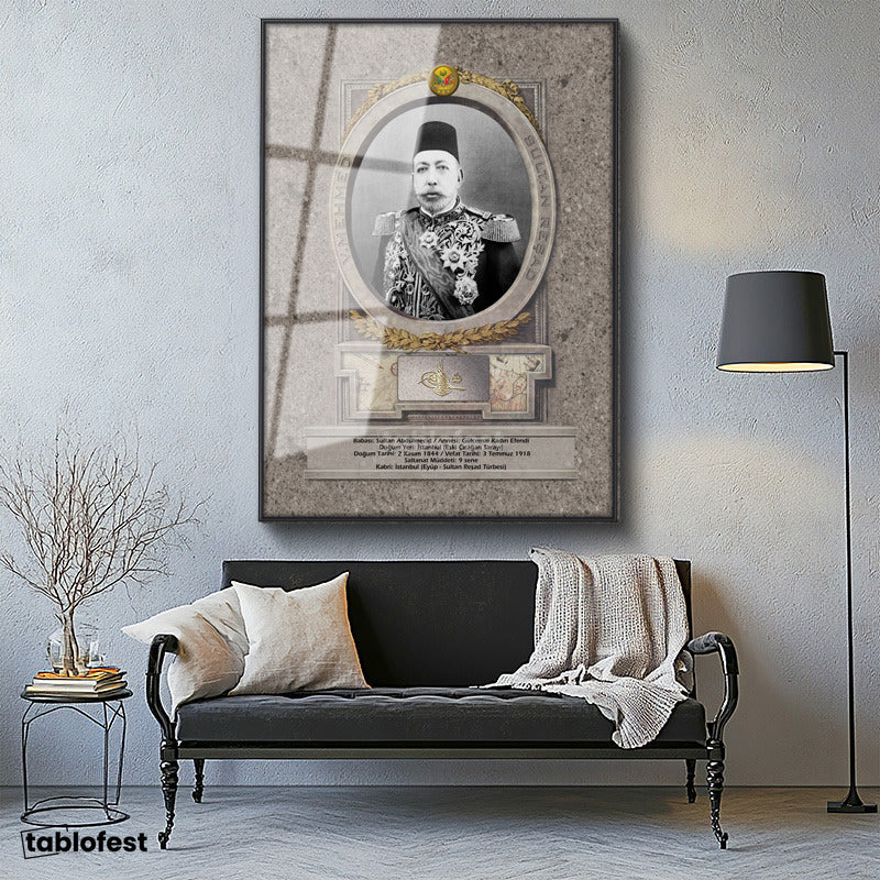 Siyah Renk Metal Çerçeveli Tamperli Cam Tablo Sultan Mehmed Reşad Portresi Osmanlı Tablosu Duvar Dekoru