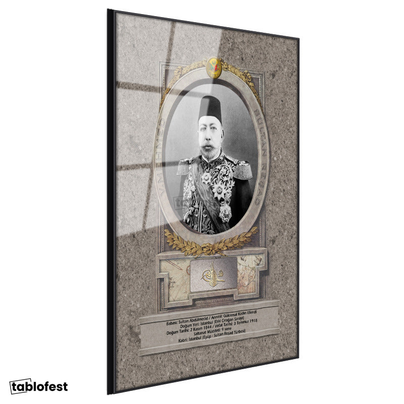 Siyah Renk Metal Çerçeveli Tamperli Cam Tablo Sultan Mehmed Reşad Portresi Osmanlı Tablosu Duvar Dekoru