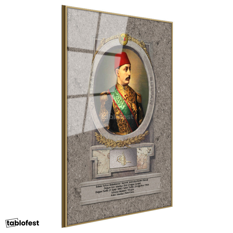 Altın Renk Metal Çerçeveli Tamperli Cam Tablo Sultan Mehmed Reşad Üniformalı Portre Osmanlı Tablosu Duvar Dekoru