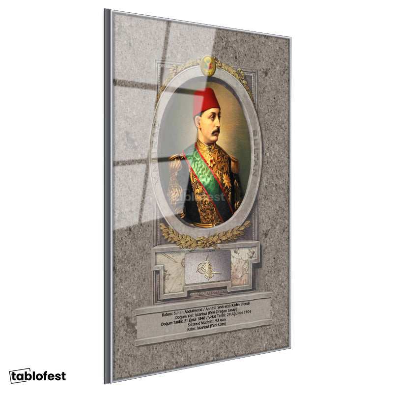 Gümüş Renk Metal Çerçeveli Tamperli Cam Tablo Sultan Mehmed Reşad Üniformalı Portre Osmanlı Tablosu Duvar Dekoru