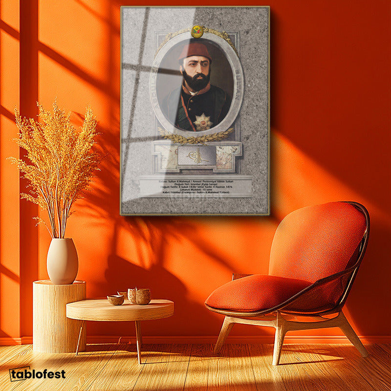 Altın Renk Metal Çerçeveli Tamperli Cam Tablo Sultan Abdülaziz Portresi Osmanlı Tablosu Duvar Dekoru