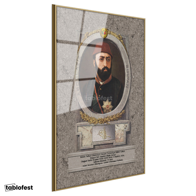 Altın Renk Metal Çerçeveli Tamperli Cam Tablo Sultan Abdülaziz Portresi Osmanlı Tablosu Duvar Dekoru