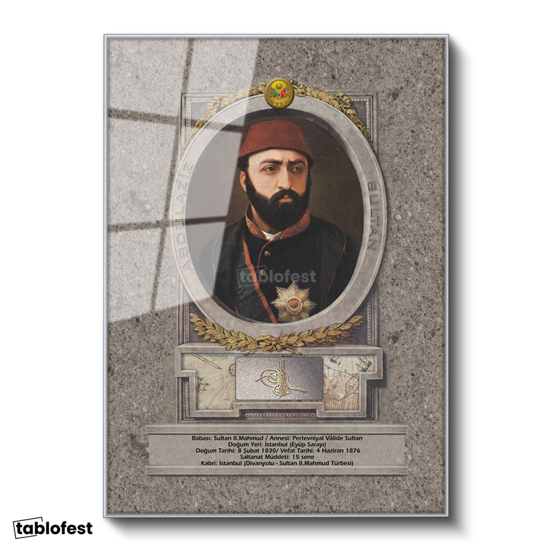 Gümüş Renk Metal Çerçeveli Tamperli Cam Tablo Sultan Abdülaziz Portresi Osmanlı Tablosu Duvar Dekoru