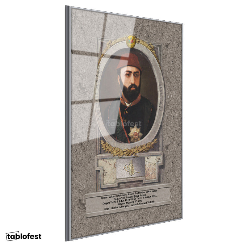 Gümüş Renk Metal Çerçeveli Tamperli Cam Tablo Sultan Abdülaziz Portresi Osmanlı Tablosu Duvar Dekoru