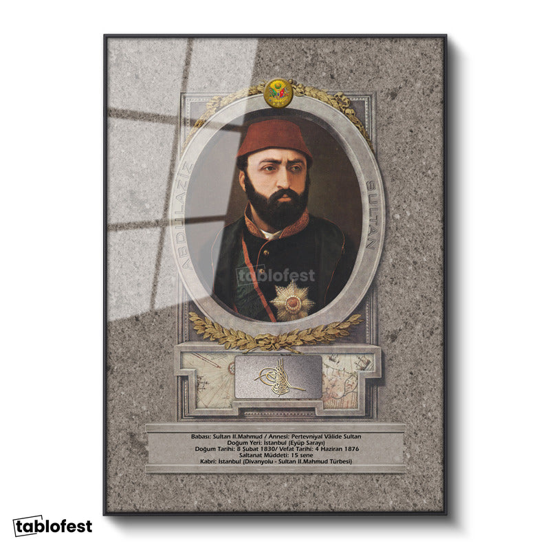 Siyah Renk Metal Çerçeveli Tamperli Cam Tablo Sultan Abdülaziz Portresi Osmanlı Tablosu Duvar Dekoru