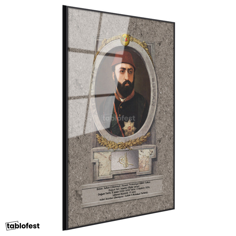 Siyah Renk Metal Çerçeveli Tamperli Cam Tablo Sultan Abdülaziz Portresi Osmanlı Tablosu Duvar Dekoru