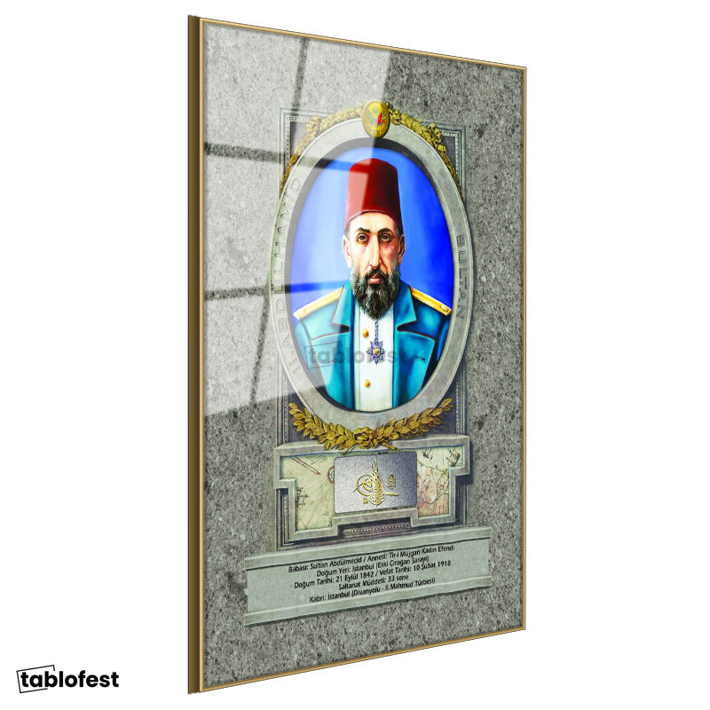 Altın Renk Metal Çerçeveli Tamperli Cam Tablo Sultan II Abdülhamid Portresi Osmanlı Tablosu Duvar Dekoru