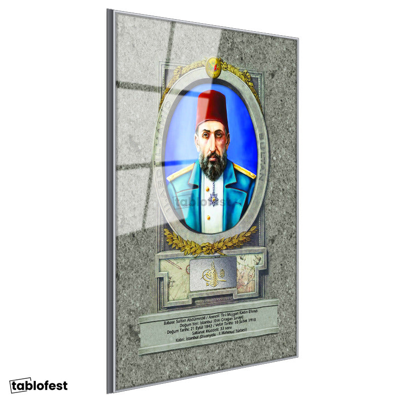 Gümüş Renk Metal Çerçeveli Tamperli Cam Tablo Sultan II Abdülhamid Portresi Osmanlı Tablosu Duvar Dekoru