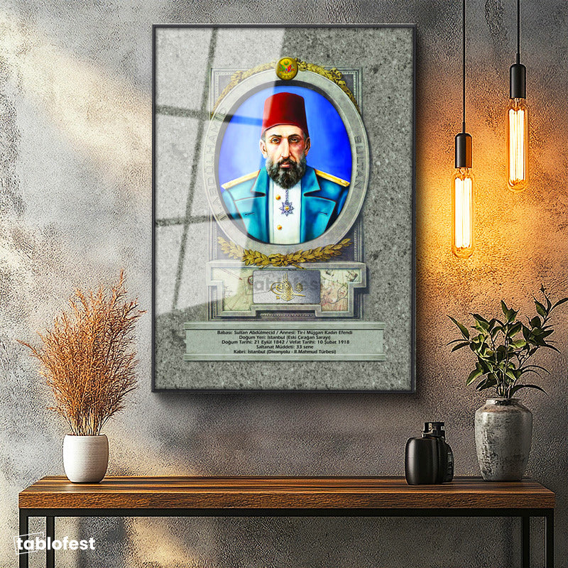 Siyah Renk Metal Çerçeveli Tamperli Cam Tablo Sultan II Abdülhamid Portresi Osmanlı Tablosu Duvar Dekoru