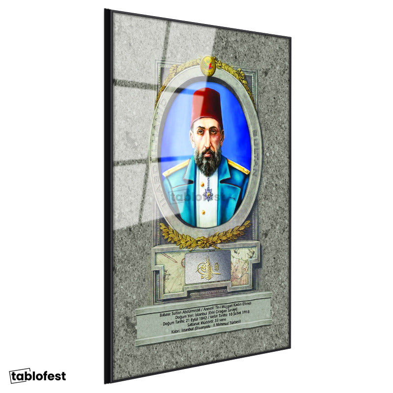 Siyah Renk Metal Çerçeveli Tamperli Cam Tablo Sultan II Abdülhamid Portresi Osmanlı Tablosu Duvar Dekoru