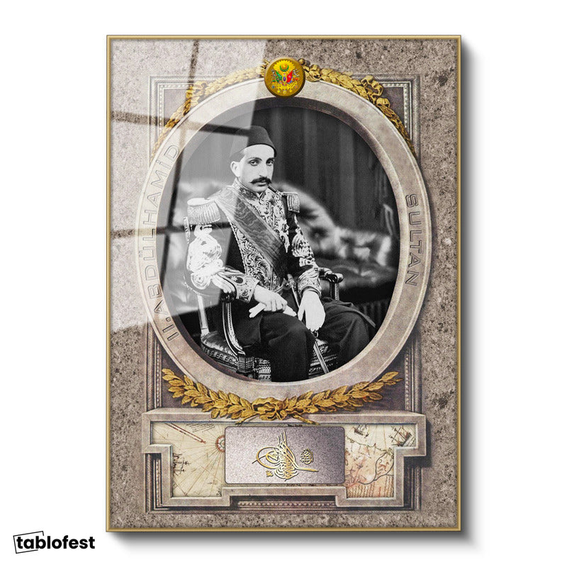 Altın Renk Metal Çerçeveli Tamperli Cam Tablo Sultan II Abdülhamid Klasik Portre Osmanlı Tablosu Duvar Dekoru