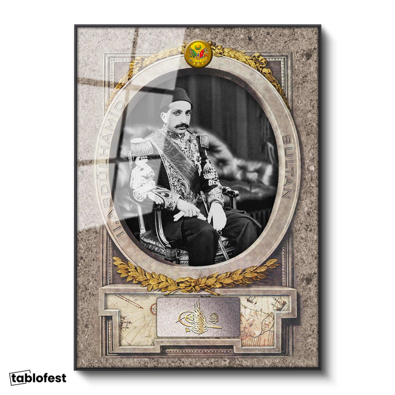 Siyah Renk Metal Çerçeveli Tamperli Cam Tablo Sultan II Abdülhamid Klasik Portre Osmanlı Tablosu Duvar Dekoru
