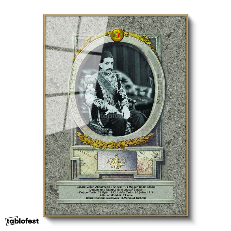 Altın Renk Metal Çerçeveli Tamperli Cam Tablo Sultan II Abdülhamid Taht Portresi Osmanlı Tablosu Duvar Dekoru