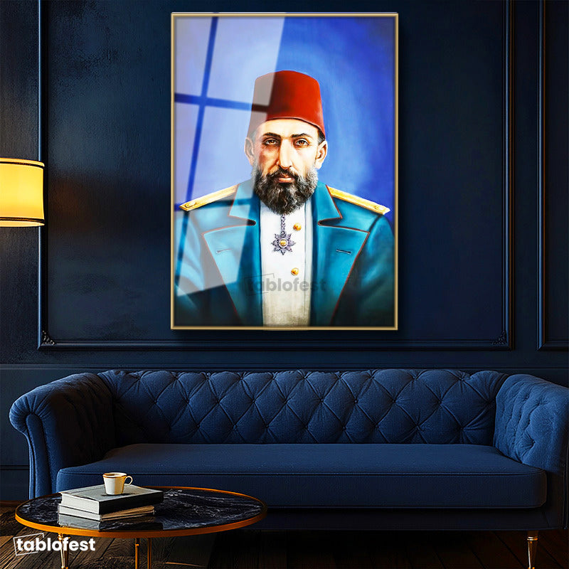 Altın Renk Metal Çerçeveli Tamperli Cam Tablo Sultan II Abdülhamid Modern Yorum Portresi Osmanlı Tablosu Duvar Dekoru