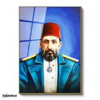 Altın Renk Metal Çerçeveli Tamperli Cam Tablo Sultan II Abdülhamid Modern Yorum Portresi Osmanlı Tablosu Duvar Dekoru