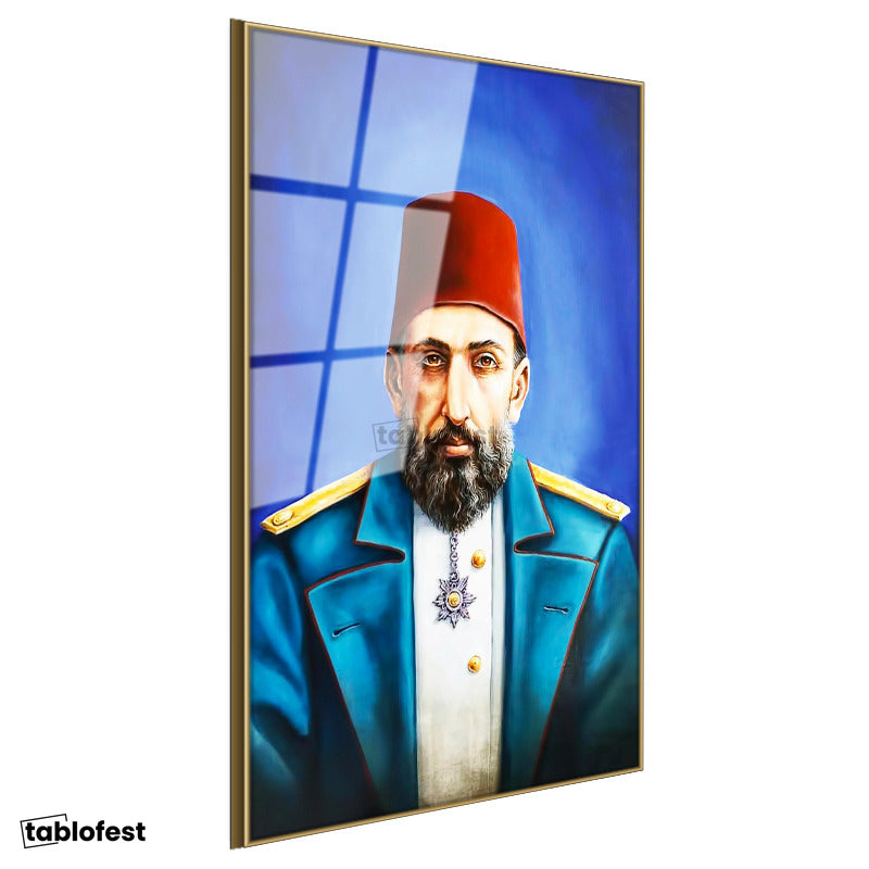 Altın Renk Metal Çerçeveli Tamperli Cam Tablo Sultan II Abdülhamid Modern Yorum Portresi Osmanlı Tablosu Duvar Dekoru