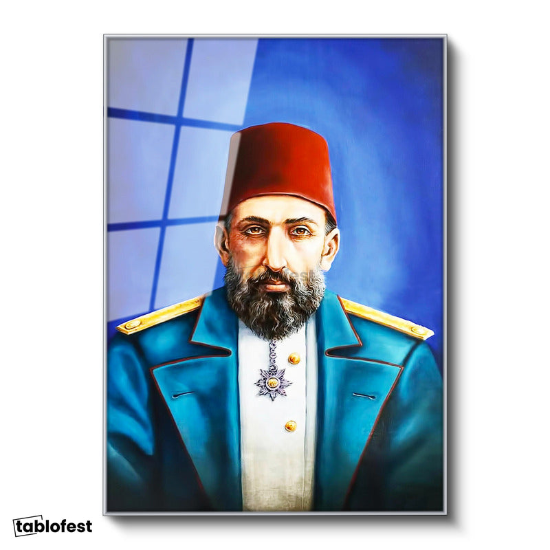 Gümüş Renk Metal Çerçeveli Tamperli Cam Tablo Sultan II Abdülhamid Modern Yorum Portresi Osmanlı Tablosu Duvar Dekoru
