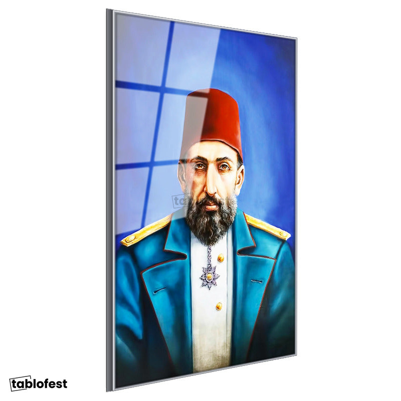 Gümüş Renk Metal Çerçeveli Tamperli Cam Tablo Sultan II Abdülhamid Modern Yorum Portresi Osmanlı Tablosu Duvar Dekoru