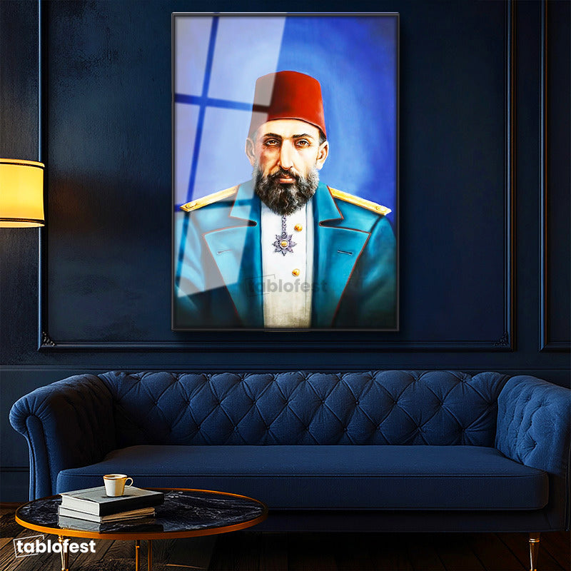 Siyah Renk Metal Çerçeveli Tamperli Cam Tablo Sultan II Abdülhamid Modern Yorum Portresi Osmanlı Tablosu Duvar Dekoru