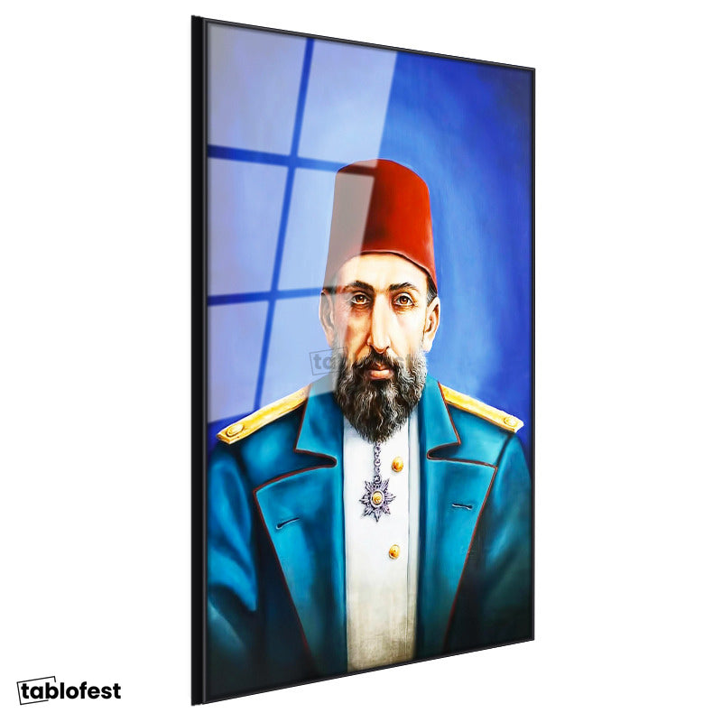 Siyah Renk Metal Çerçeveli Tamperli Cam Tablo Sultan II Abdülhamid Modern Yorum Portresi Osmanlı Tablosu Duvar Dekoru