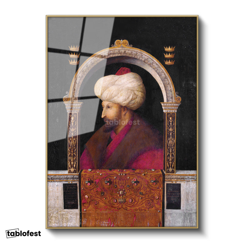 Altın Renk Metal Çerçeveli Tamperli Cam Tablo Fatih Sultan Mehmed Kemerli Kompozisyon Osmanlı Tablosu Duvar Dekoru