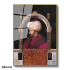 Altın Renk Metal Çerçeveli Tamperli Cam Tablo Fatih Sultan Mehmed Kemerli Kompozisyon Osmanlı Tablosu Duvar Dekoru
