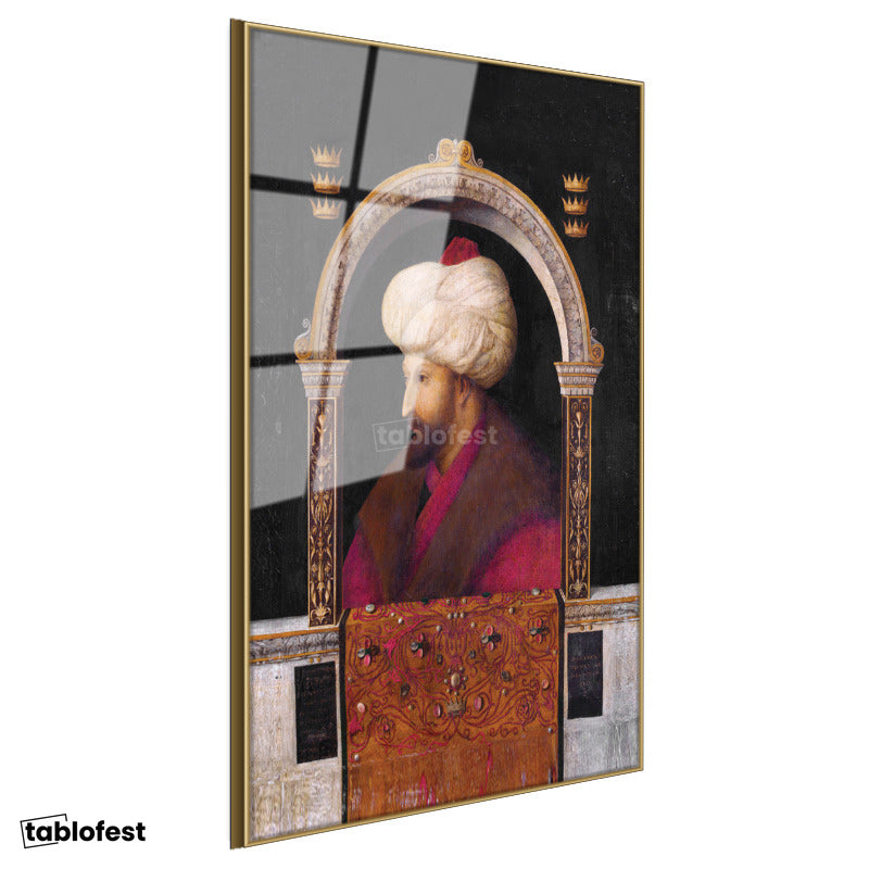 Altın Renk Metal Çerçeveli Tamperli Cam Tablo Fatih Sultan Mehmed Kemerli Kompozisyon Osmanlı Tablosu Duvar Dekoru