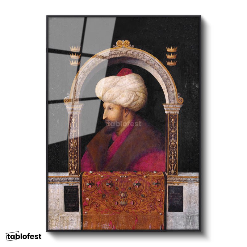 Siyah Renk Metal Çerçeveli Tamperli Cam Tablo Fatih Sultan Mehmed Kemerli Kompozisyon Osmanlı Tablosu Duvar Dekoru